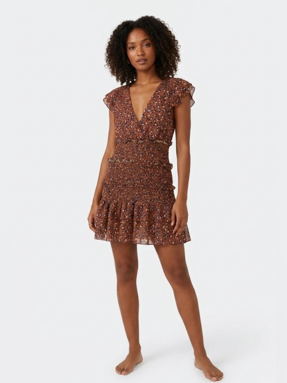 Foxiedox Animal Print Smocked Ruffle Mini Dress - Size M
